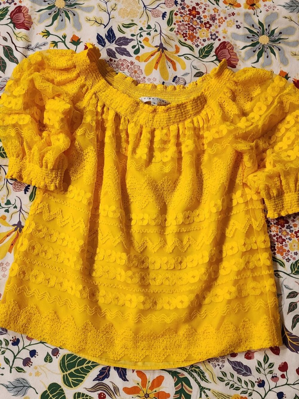 Trina Turk Embroidered Boho Blouse On or Off-Shoulder Yellow, Size S